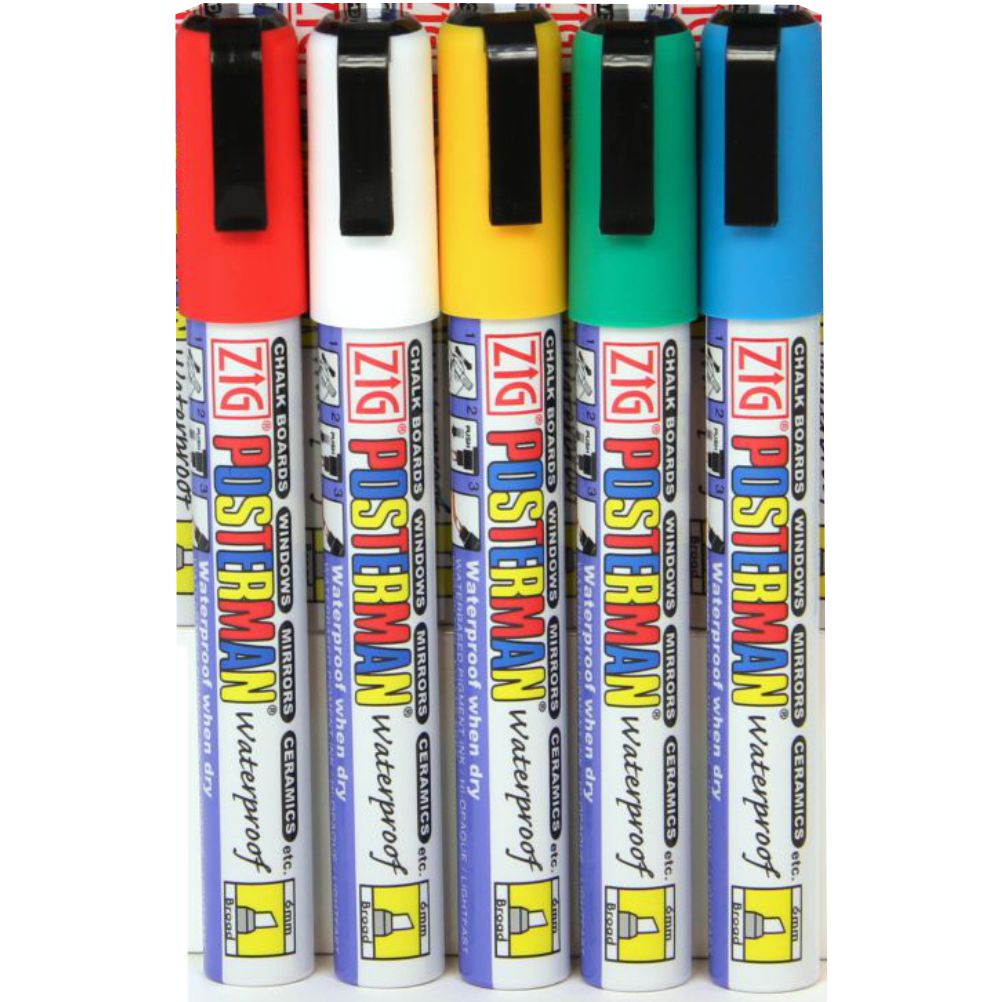 6mm Zig Posterman Assorted Chalk Pens - Waterproof x 5 Pens